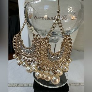 Boho ethnic party goldtone pearl rhinestone earrings